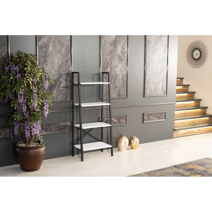 Leon 5 Tier Modern Ladder Bookshelf Organizers, Metal Frame Bookshelf for Small Spaces in Your Living Rooms, Office Furniture Bookcase, White