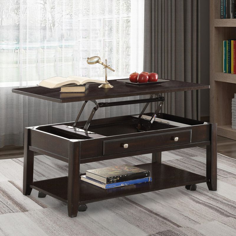 Modern Lift Top Wooden Coffee Table With Storage & Shelf, Walnut Brown-Benzara
