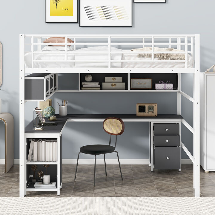 Merax Metal Loft Bed with Bookcase and Desk
