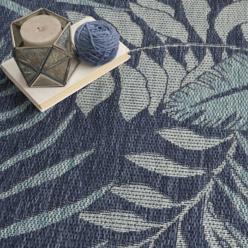 HomeRoots 8' X 10' Navy Blue Sky Blue And Ivory Palm Leaf Indoor Outdoor Area Rug image number 4