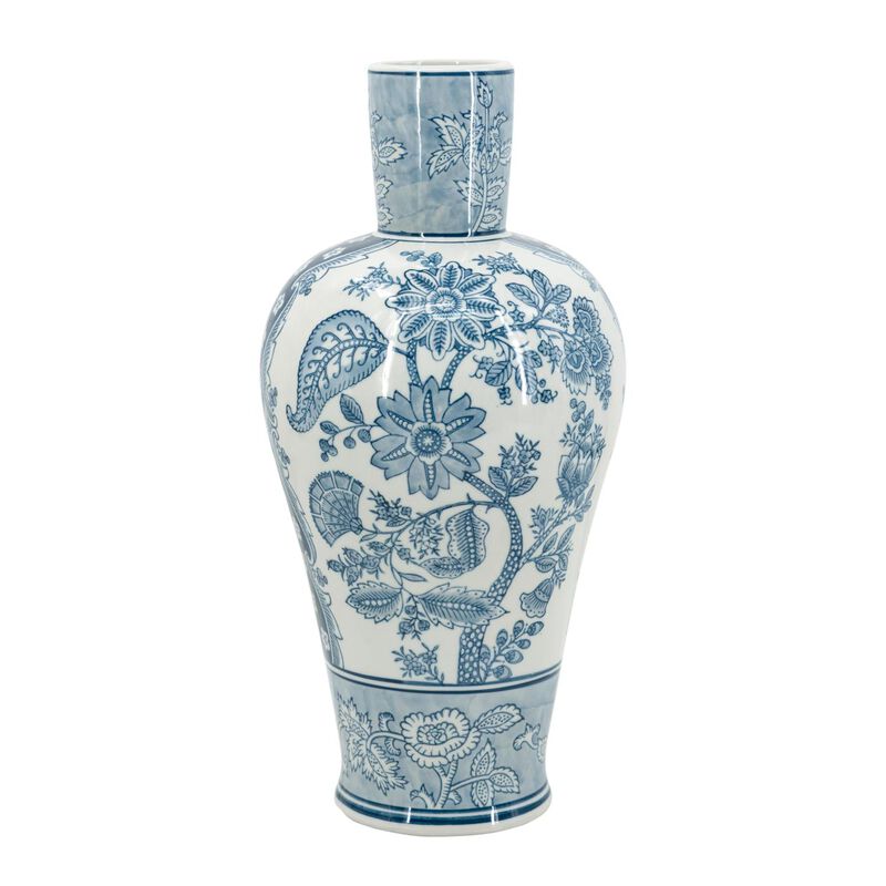 HomeRoots 17" Light Blue And White Floral Round Porcelain Table Vase image number 0