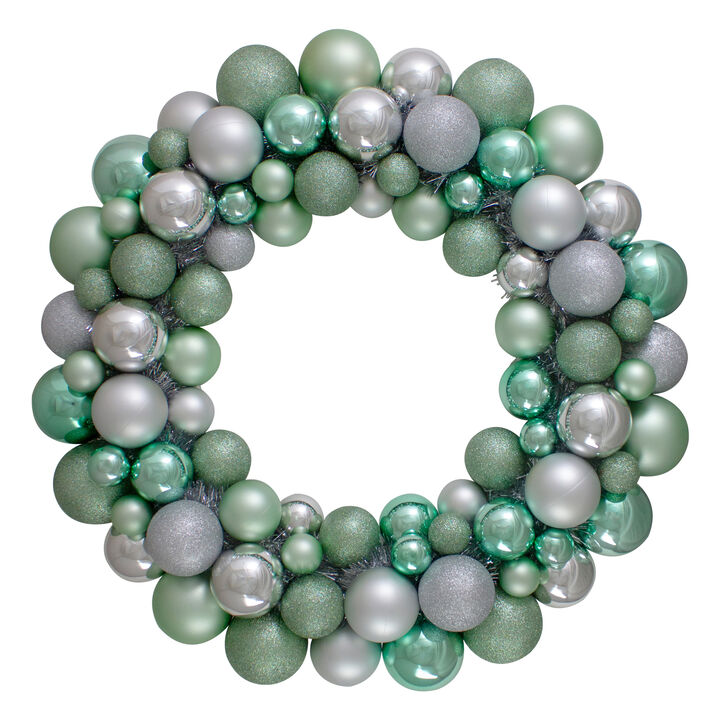 Silver and Seafoam Green 3-Finish Shatterproof Ball Christmas Wreath - 24-Inch  Unlit