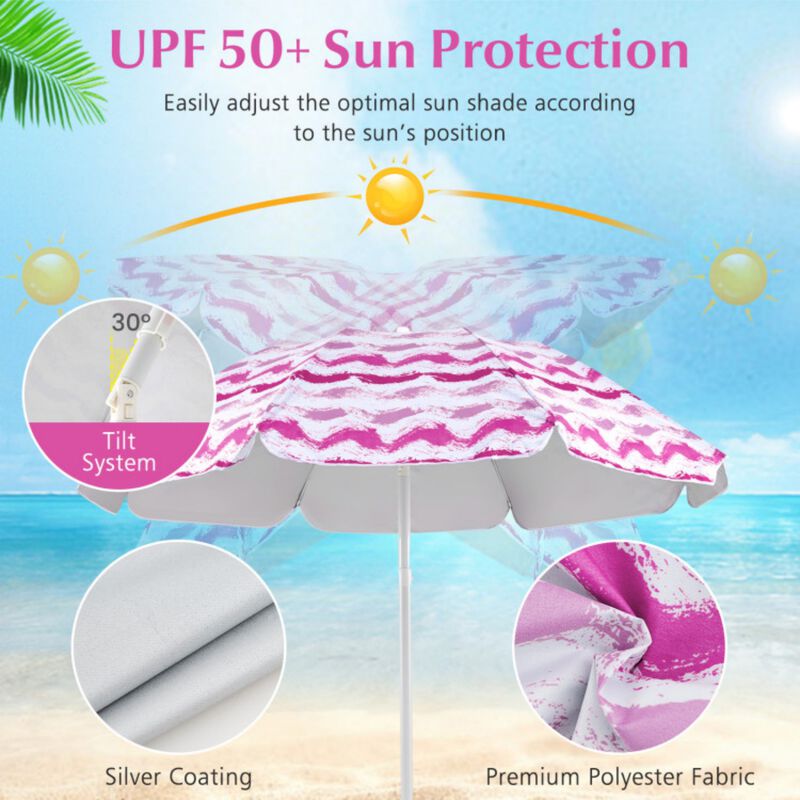 4 Pieces Beach Umbrella Set with 2 Foldable Chairs and Picnic Blanket-Blue image number 6