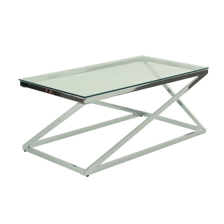 Gen Coffee and End Table Set of 3, Tempered Glass Top, Chrome Metal Base - Benzara