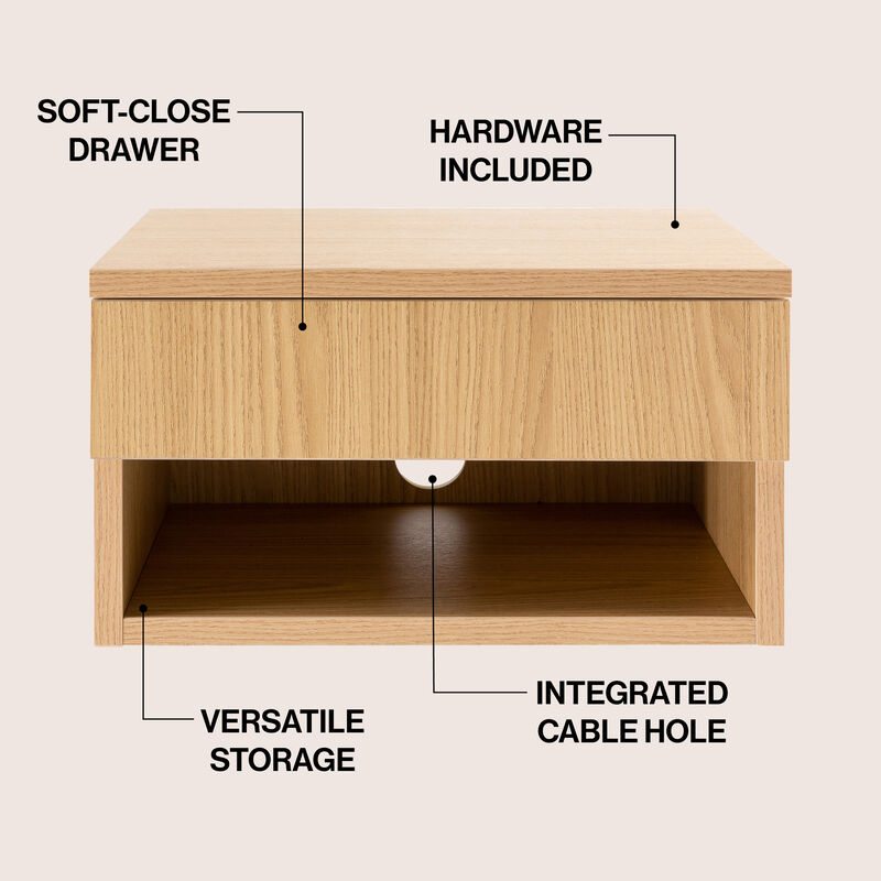 Ettore Mid-Century Modern Floating Wall Mounted Nightstand with Soft-Close Drawer and Cable Hole (Set of 2) image number 2