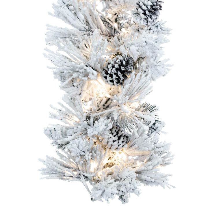 Vickerman 9' x 14" Flocked Atka Artificial Christmas Garland, Warm White Wide Angle 3mm Low Voltage LED Lights. - Faux Flocked Christmas Garland - Indoor Seasonal Home Decor