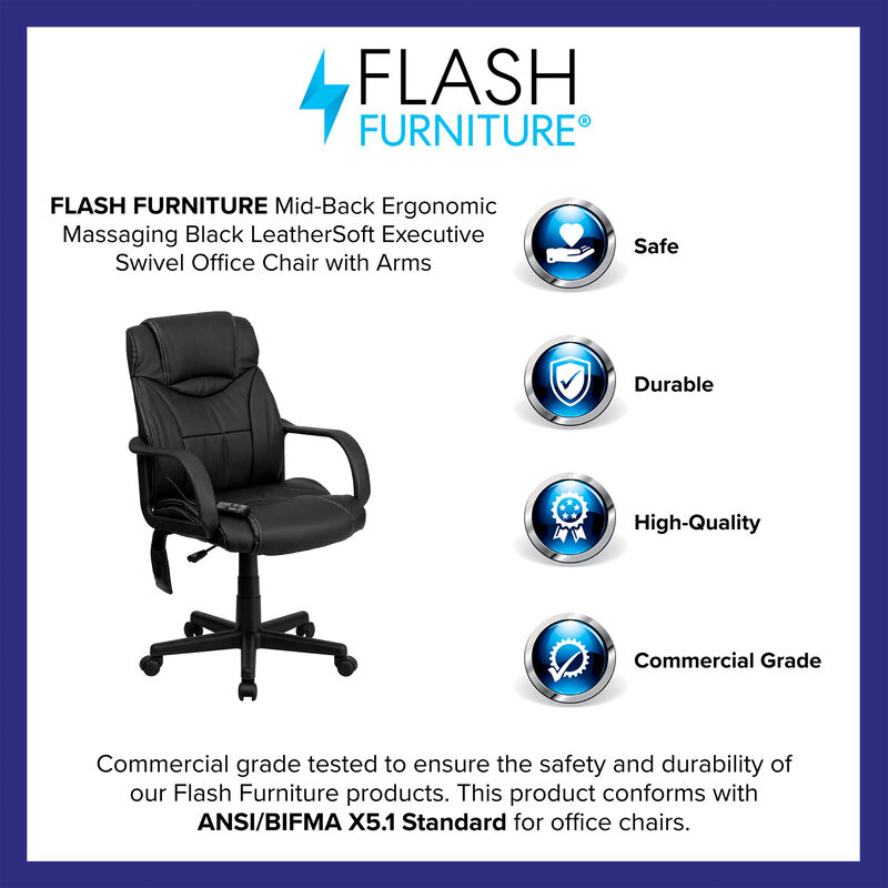 Laverne Mid-Back Ergonomic Massaging Black LeatherSoft Executive Swivel Office Chair with Arms image number 8
