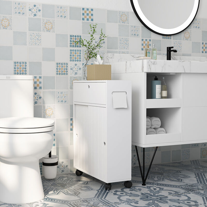 kleankin Bathroom Toilet Paper Cabinet on Wheels with Storage Cabinets image number 2