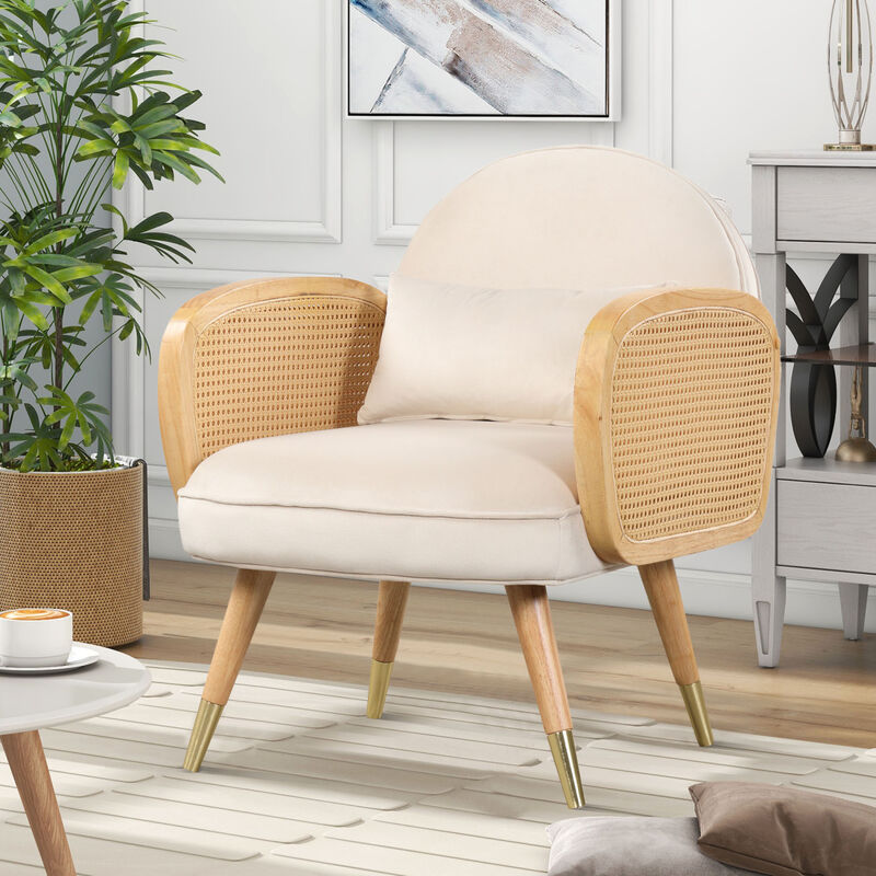 Armchair with Rattan Armrest and Metal Legs Upholstered Mid Century Modern Chairs for Living Room or Reading Room, White image number 2