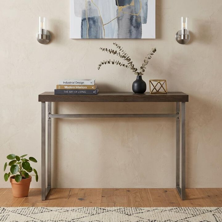 HomeRoots 46" Gray Brown and Silver Wood and Metal Distressed Sled Console Table