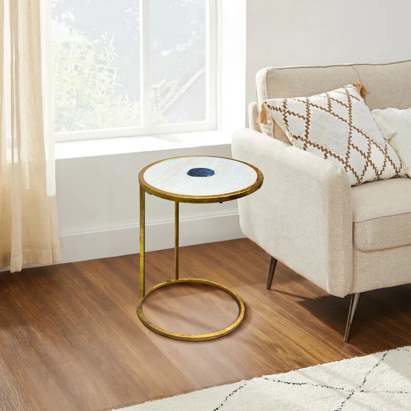 20 Inch Round Side End Table, White Marble Top with Blue Agate Stone Inlay, Gold Foil Finish Iron Frame