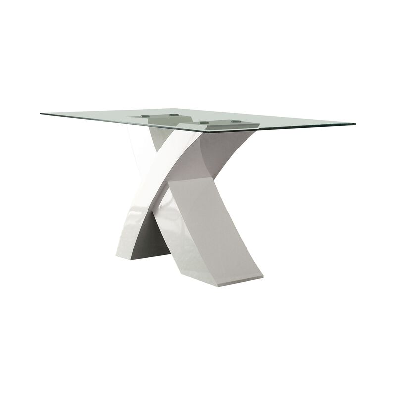 Glass Top Dining Table With X Shape Wooden Base, White and Clear-Benzara