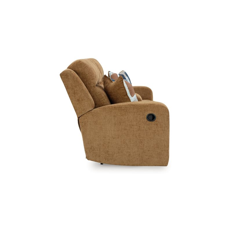 Damon Double Reclining Loveseat, Camel Brown Polyester, 2 Pillow - Benzara