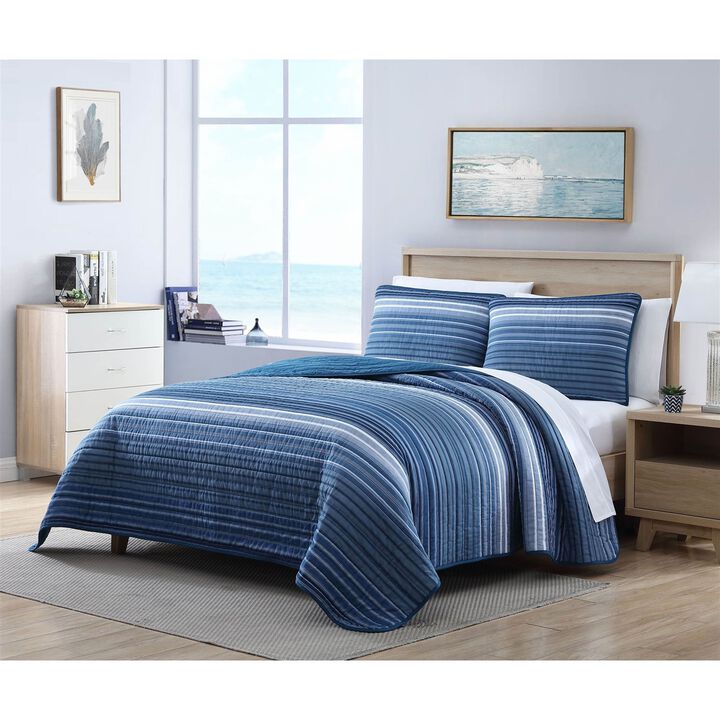 Hivvago King Size Coastal Blue Stripe Reversible Cotton Quilt Set