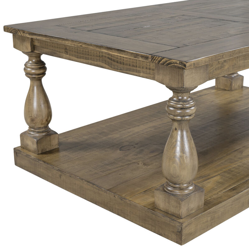 U_STYLE Rustic Floor Shelf Coffee Table with Storage, Solid Pine Wood