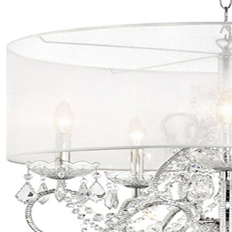 32 Inch Ceiling Lamp with Hanging Crystals, Round Canopy, Silver - Benzara