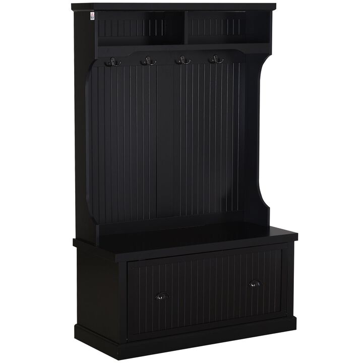 Black Entryway Solution: Hall Cabinet with Coat Hooks & Shoe Bench