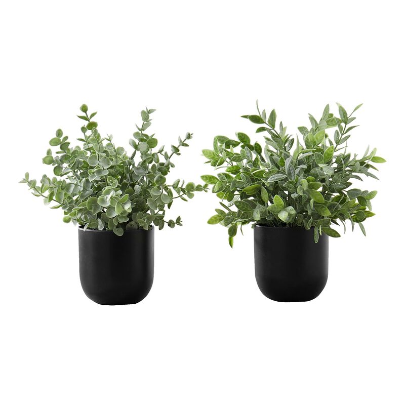 Monarch Specialties I 9580 - Artificial Plant, 11" Tall, Eucalyptus Grass, Indoor, Faux, Fake, Table, Greenery, Potted, Set Of 2, Decorative, Green Leaves, Black Pots image number 0