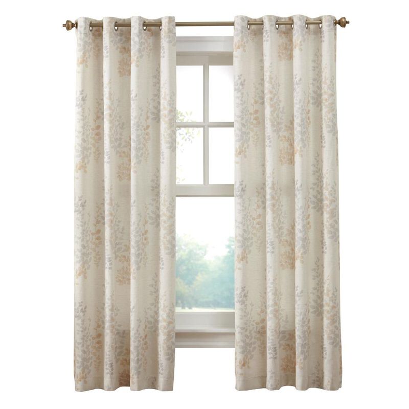 Habitat Lana Light Filtering Grommet Curtain Panel Two Tone Leaf Branches Bouquet Faux Linen Fabric Designed Ivory