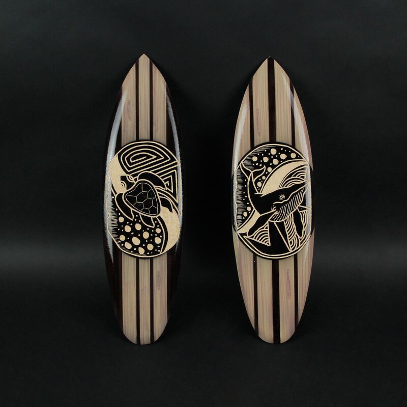 Set Of 2 Hand Carved Wood Surfboards Tiki Decor Whale Turtle Wall Hanging Art image number 4