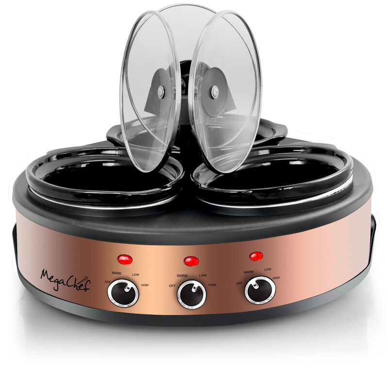 MegaChef Round Triple 1.5 Quart Slow Cooker and Buffet Server in Brushed Copper and Black Finish with 3 Ceramic Cooking Pots and Removable Lid Rests image number 8