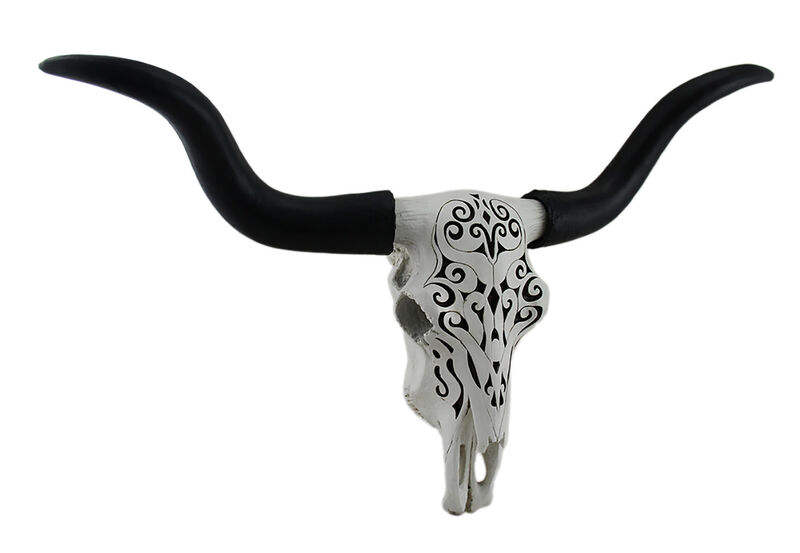 Longhorn and Lace Black & White Filigree Design Hanging Steer Skull Statue image number 0