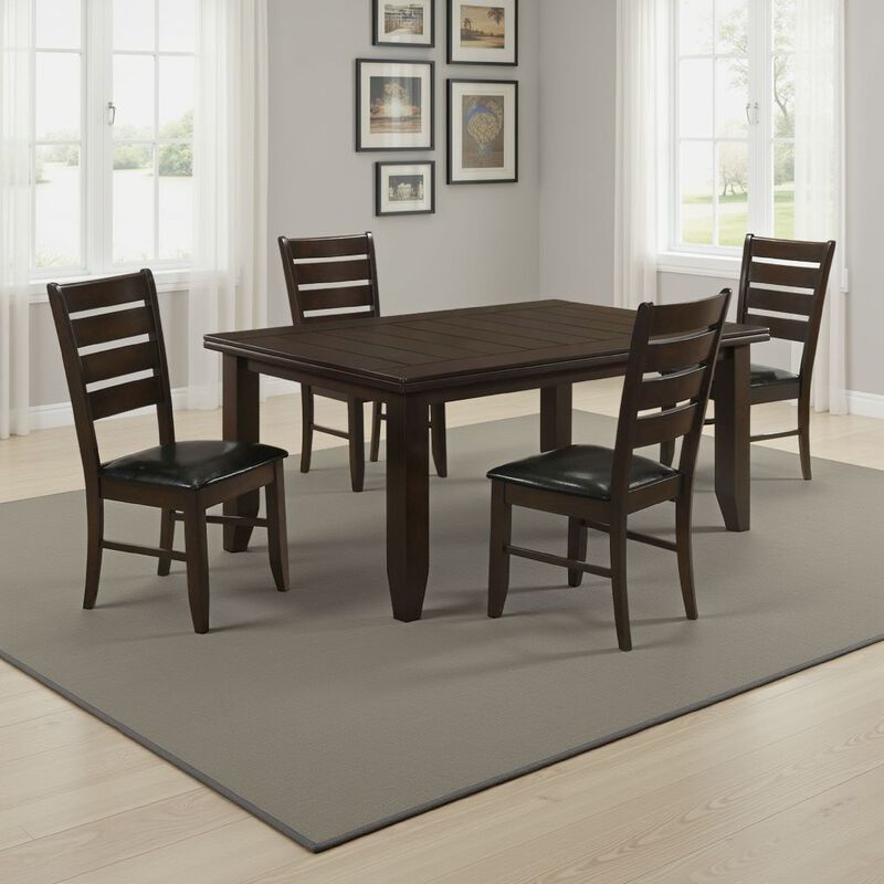 Diyi 5pc Dining Table and 4 Chairs Set w Ladder Back, Brown Faux Leather - Benzara