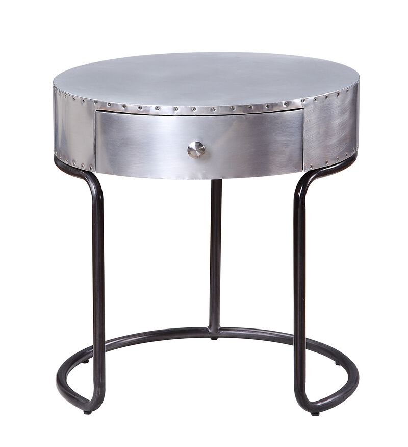 Aluminum Patchwork Wooden End Table with Metal Cantilever Base, Silver-Benzara