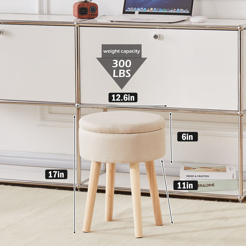 Storage Ottoman Linen Round Vanity Stool with Wood Legs – Multifunctional Foot Rest
