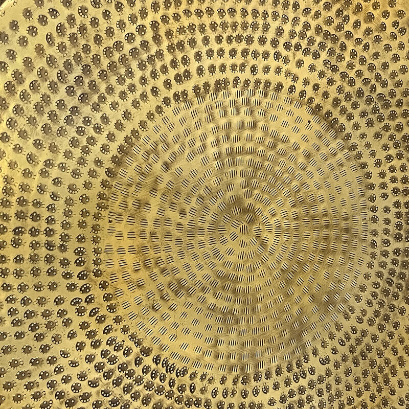 Nala 23 Inch Coffee Table, Low Round Drum Shape with Unique Hollow Center, Antique Brass Aluminum