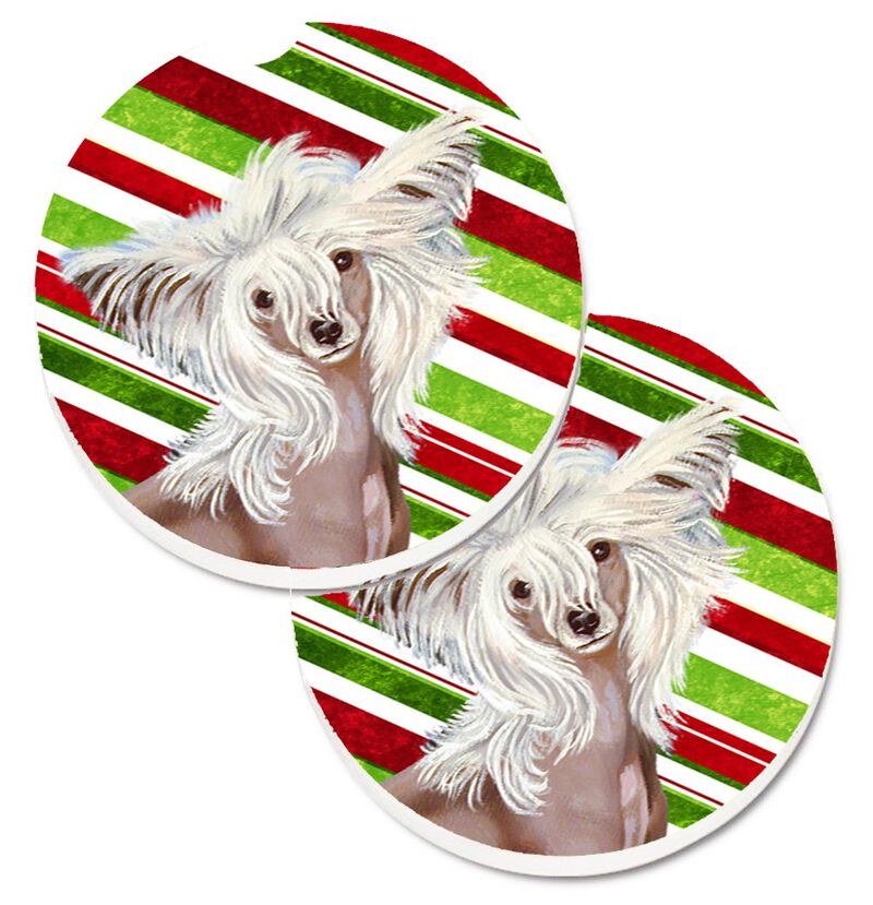 Caroline's Treasures Chinese Crested Candy Cane Holiday Christmas Set of 2 Cup Holder Car Coasters LH9257CARC, 2.56, Multicolor image number 0