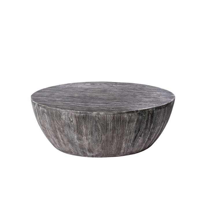 Arthur 36 Inch Farmhouse Style Handcrafted Mango Wood Coffee Table, Round Drum Shape, Sandblasted Black-Benzara