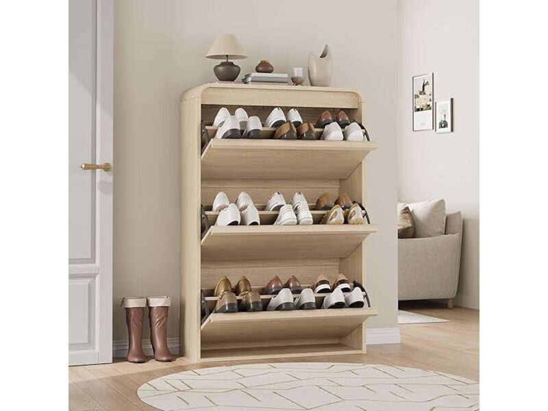 Entryway Wood Shoe Storage Cabinet Flip Drawer Adjustable Shelves image number 1