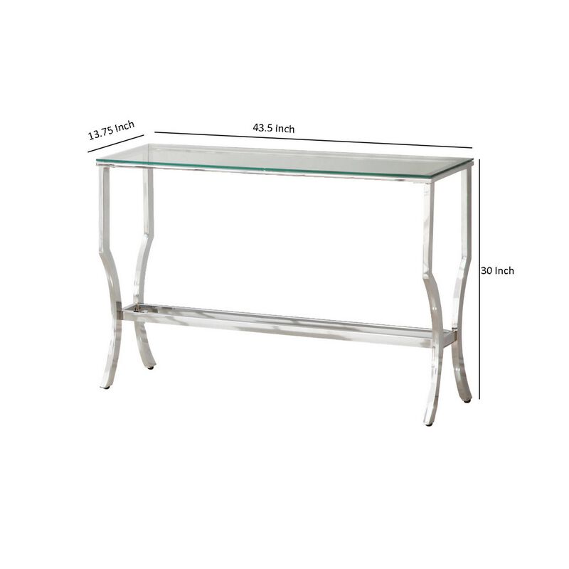 Glass Top Sofa Table with Metal Frame and Mirror Shelf, Chrome-Benzara