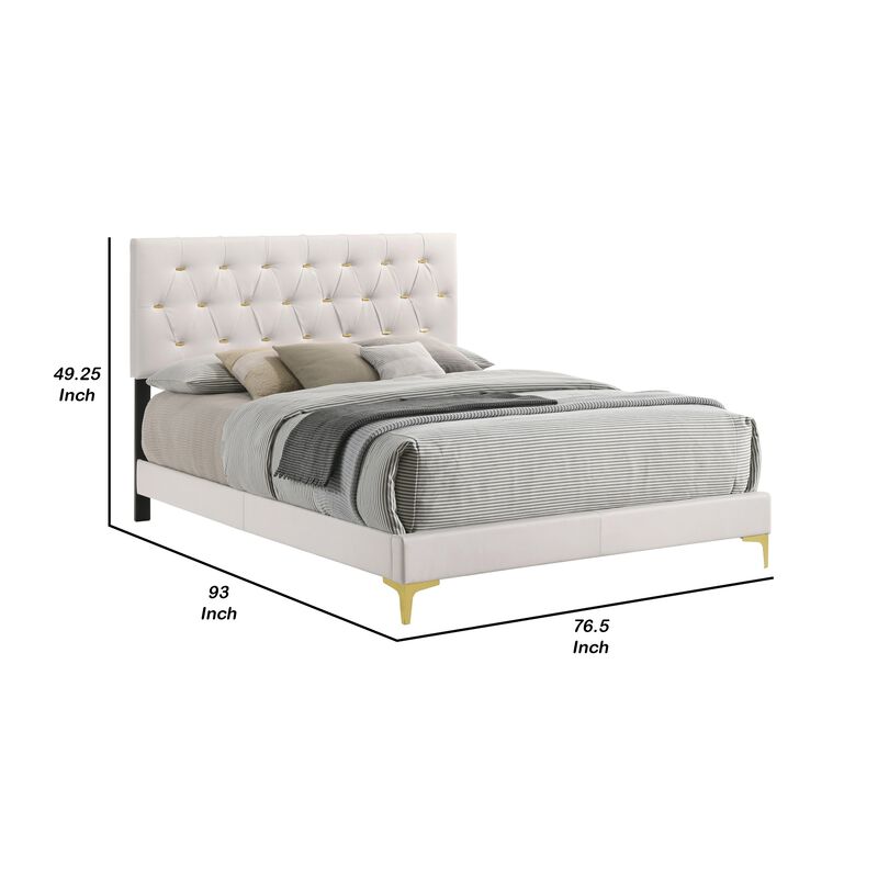 Lif Platform California King Size Bed, Tufted Headboard, Gold, White Velvet-Benzara