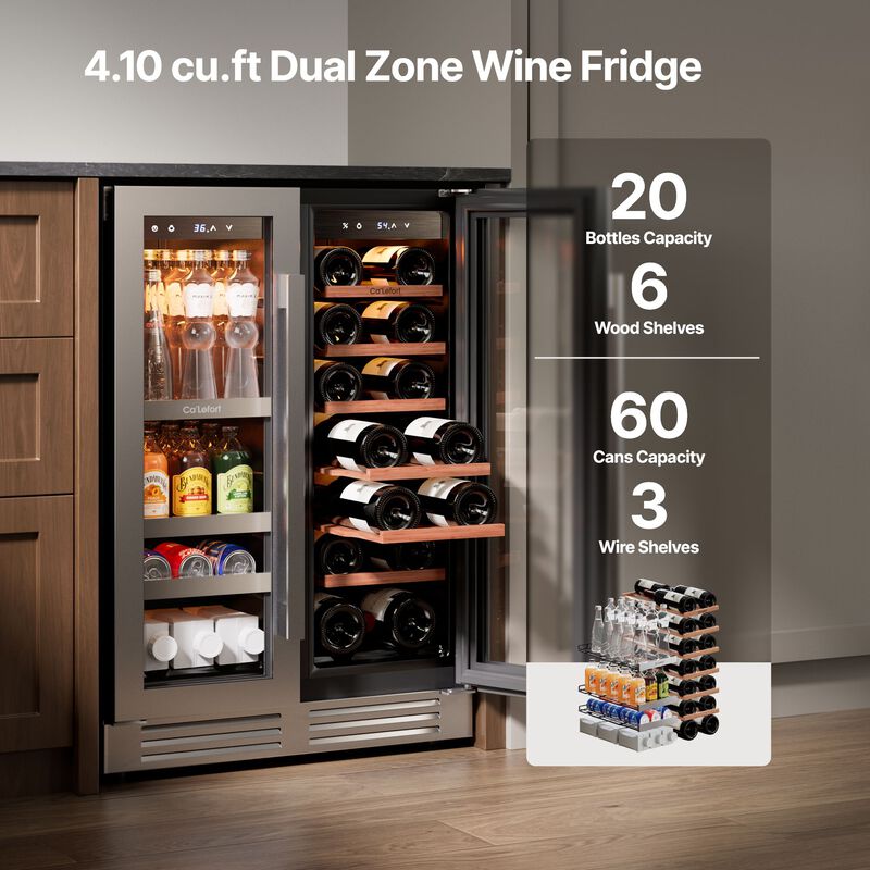 24 Inch Wine and Beverage Refrigerator, 3 Color LED, Dual Zone Wine Fridge,20 Bottles &60 Cans,Built-in Beverage Cooler image number 1