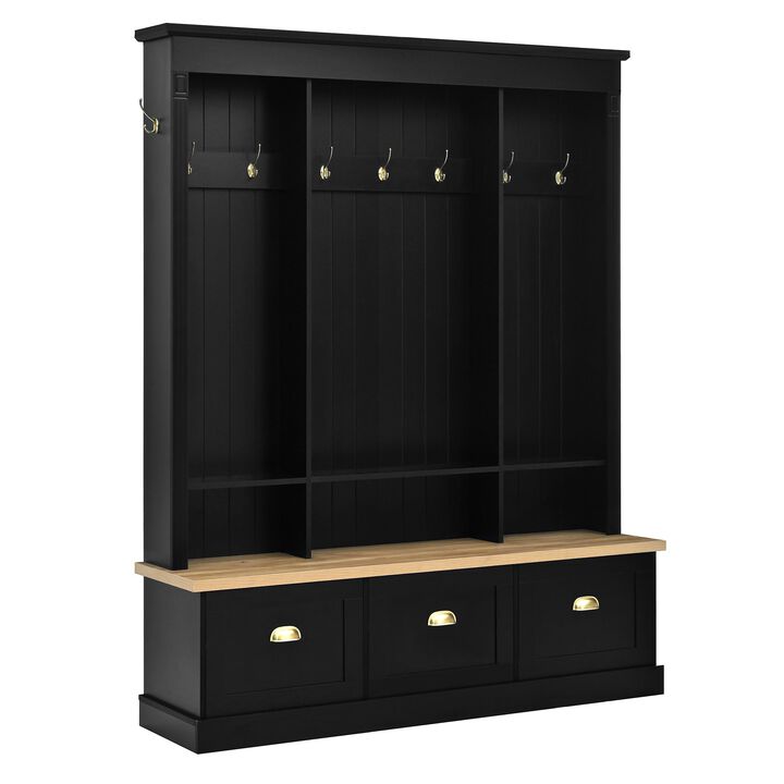Clihome APP Controlled LED Light Hall Tree Storage Bench with Hooks and 3 Large Cabinets for Hallway