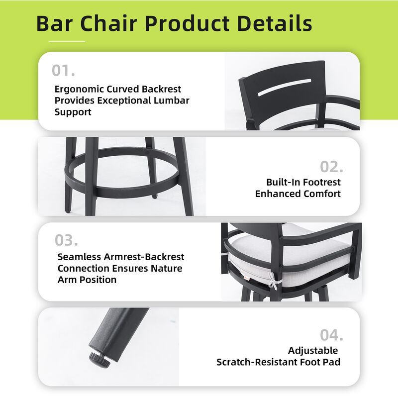 Durable Outdoor Bar Stools 2-Piece Set &ndash; Aluminum Frame, 360&deg; Swivel, Weather-Resistant Cushions, Ergonomic Comfort for Patio or Deck image number 4