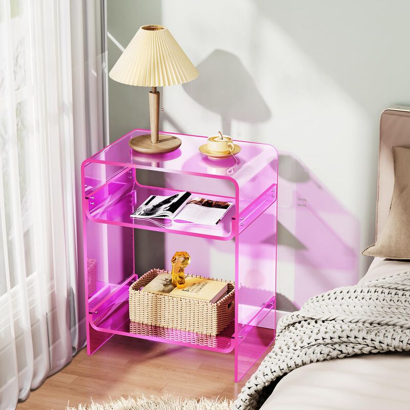 Acrylic Record Player Table with Storage Shelf, Clear Side Table Nightstand (Pink)