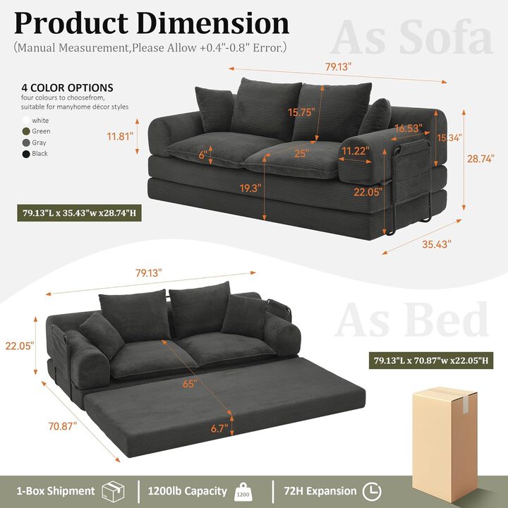 79" Corduroy 5-in-1 Convertible Sleeper Sofa Bed, Multi-Functional Folding Futon Couch, Living Room