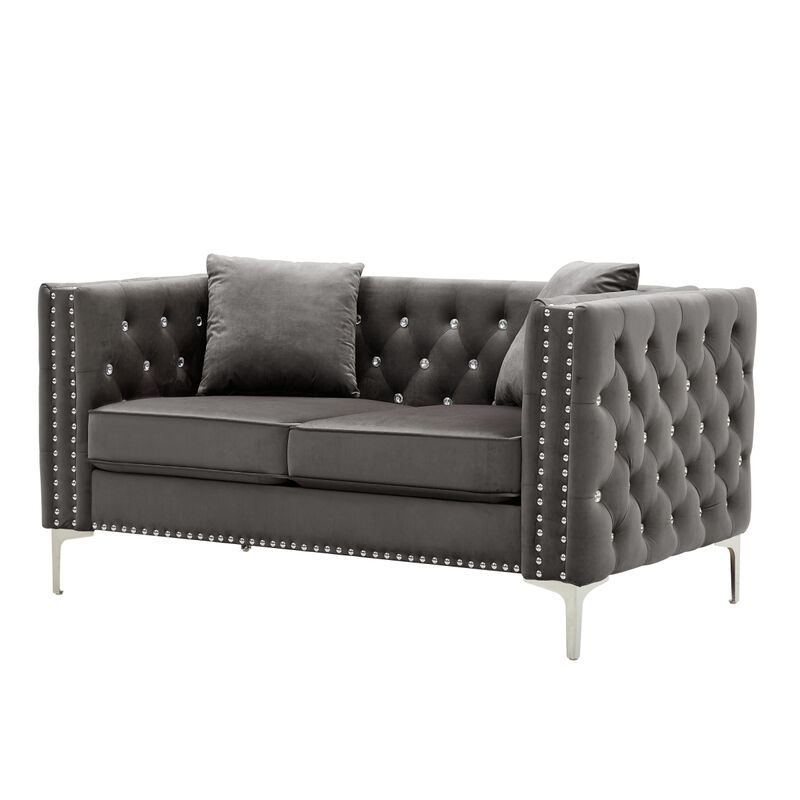 59.4 Inch Wide Grey Velvet Sofa with Jeweled buttons, Square Arm, 2 Pillow