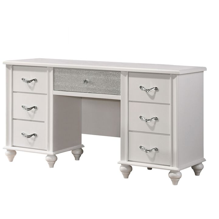Dini 62 Inch 7 Drawer Vanity Desk with LED Lighted Mirror, Classic White - Benzara