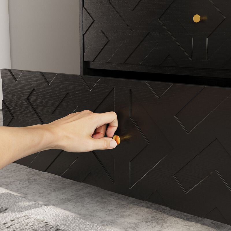 FUFU&GAGA Black 6-Drawer Storage Cabinet with Embossed Texture, Gold Tapered Pulls and Textured Finish, 63" W x 15" D x 32.3" H