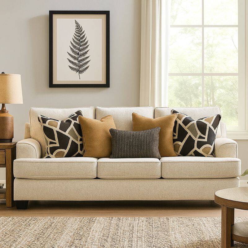 Burgess Sofa, Quartz Beige Polyester, 5 Accent Throw Pillows, 97 Inch image number 1