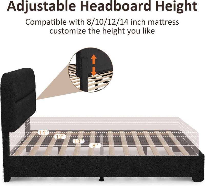 Vipbear Upholstered Boucle Platform Bed Frame with Adjustable Wide Headboard, Wooden Slats, Black image number 6