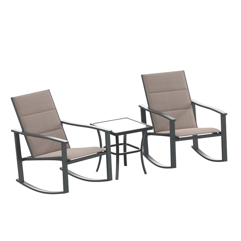 Flash Furniture Brazos 3 Piece Outdoor Rocking Chair Bistro Set with Flex Comfort Material and Steel Framed Glass Top Table image number 0