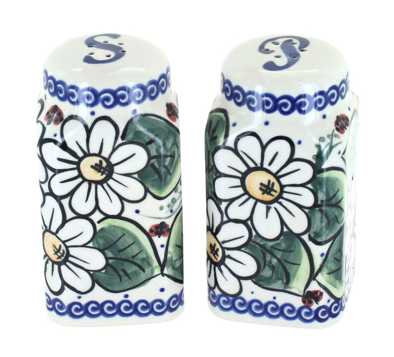 Blue Rose Polish Pottery Aztec Flower Salt & Pepper Shakers