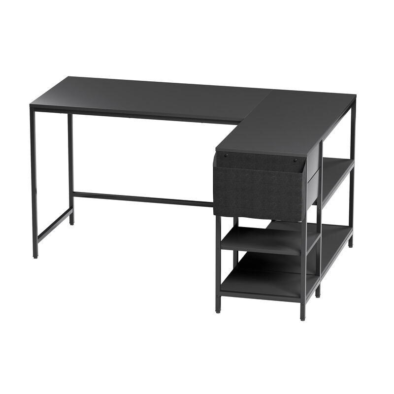 HomeRoots 55" Black Wood and Stainless Steel L Shape Computer Desk With Two Drawers image number 3