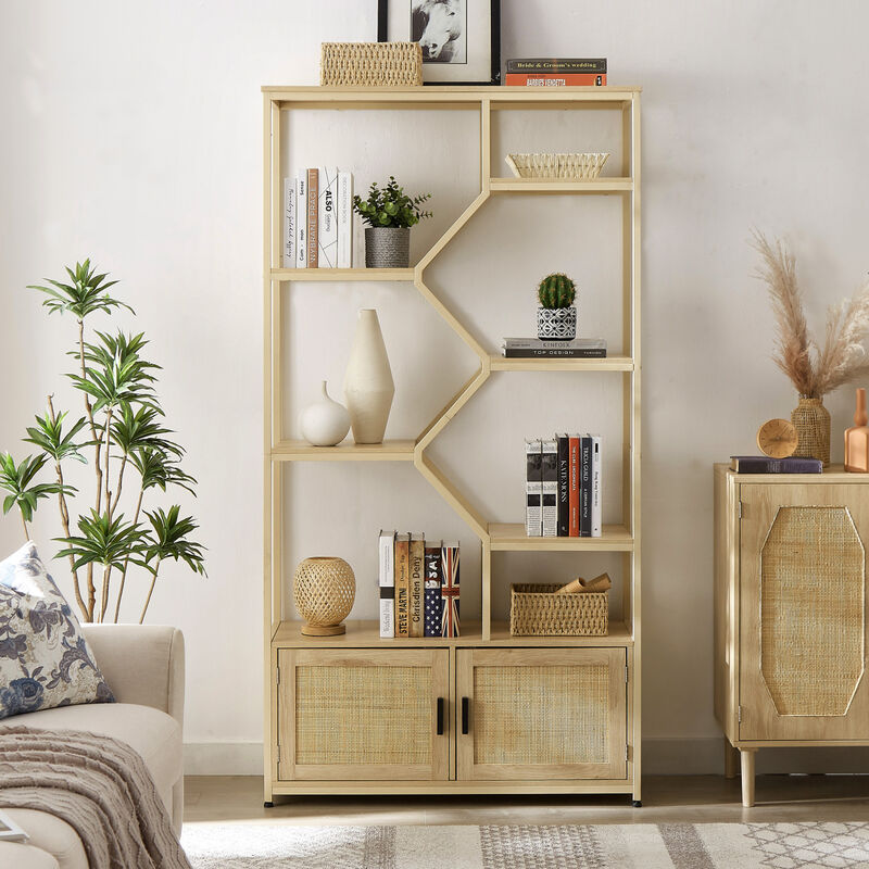 Rattan bookshelf 7 tiers Bookcases Storage Rack with cabinet for Living Room Home Office, Natural, 39.4" W x 13.8" D x 75.6" H image number 1