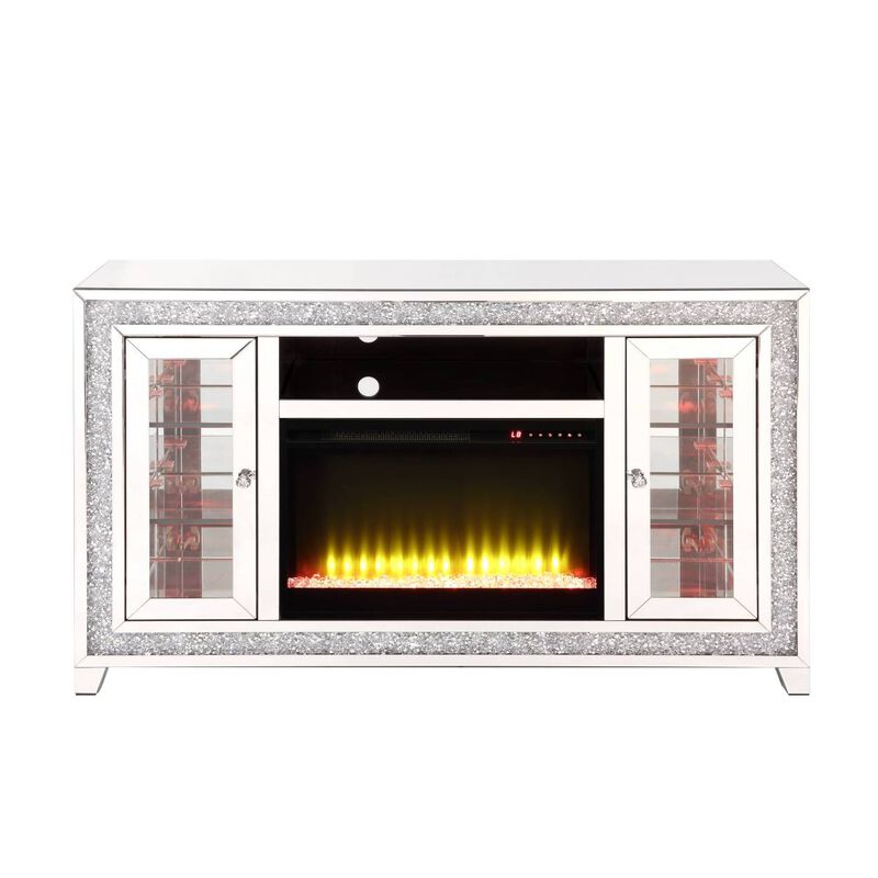 Noralie TV STAND W/FIREPLACE & LED Mirrored & Faux Diamonds LV